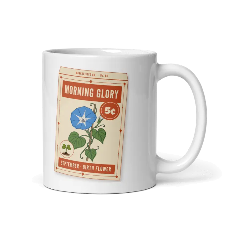 The September Morning Glory Birth Flower Mug in White.