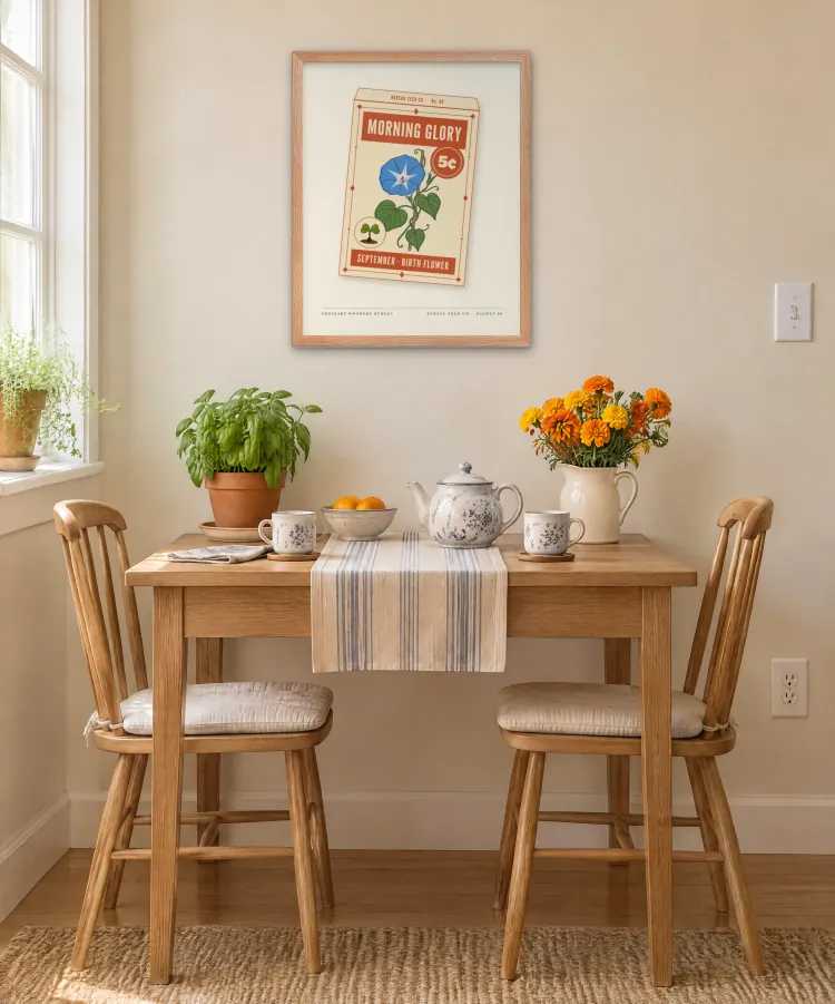 The September Morning Glory Birth Flower Framed Print in Red Oak. This room is an AI-generated scene. The frame and the print in it are the real product: the frame is the maker's own render and the print is the actual art file.