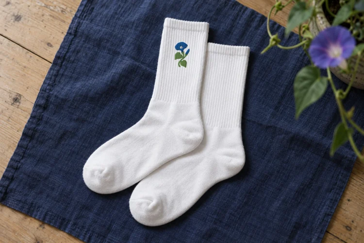AI-generated image of the September Morning Glory Birth Flower Socks in White, folded on a table, its embroidery facing up.