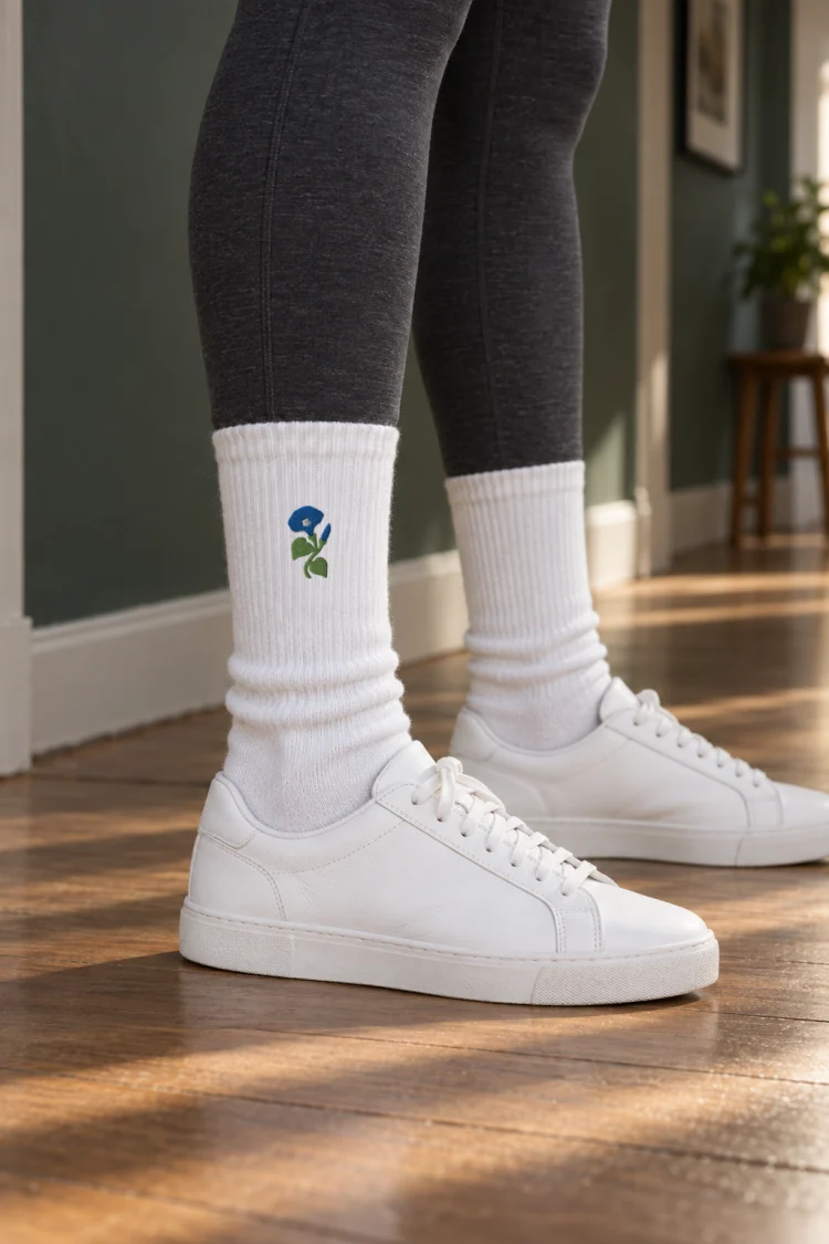 AI-generated image of the September Morning Glory Birth Flower Socks in White, worn with a sunlit apartment hallway with a dark green.