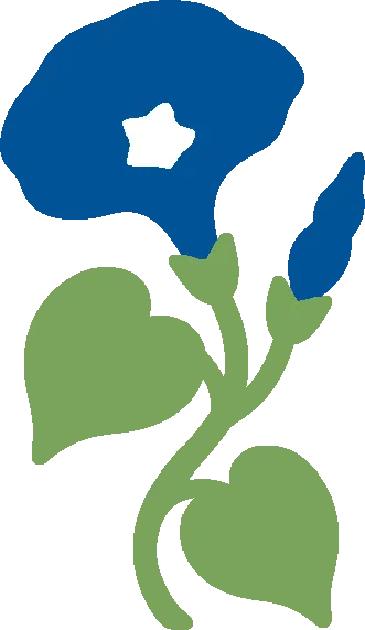 Embroidery artwork: a deep blue morning glory with a white star at its throat and a furled blue bud beside it, on a curling sage green vine with two heart-shaped leaves, in flat solid colour with no outline.