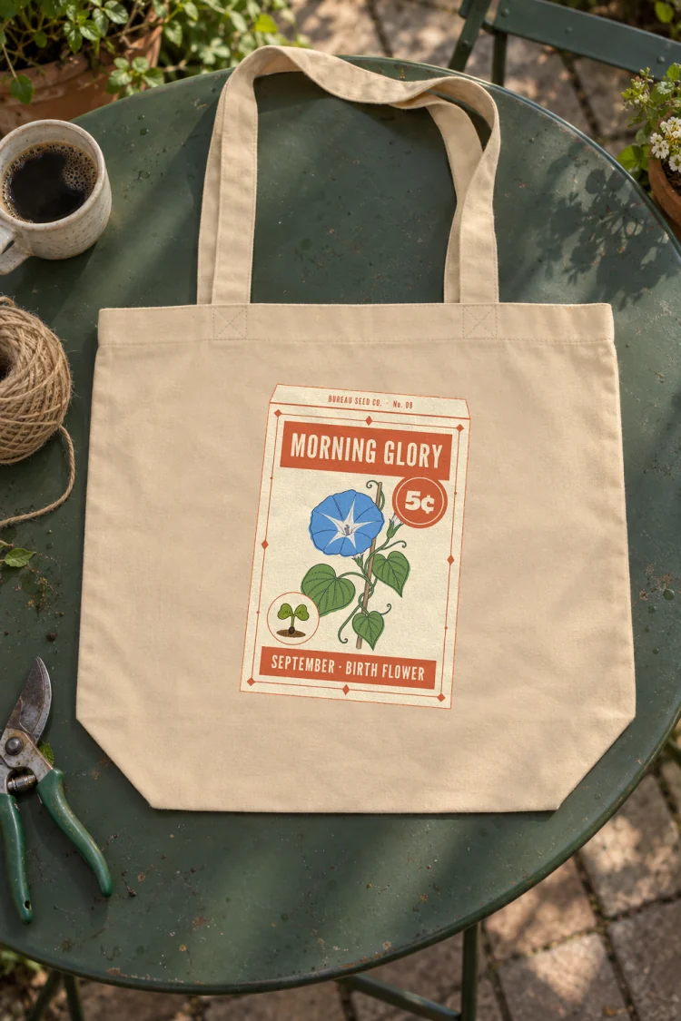 AI-generated image of the September Morning Glory Birth Flower Tote in Oyster on a table with everyday things around it.