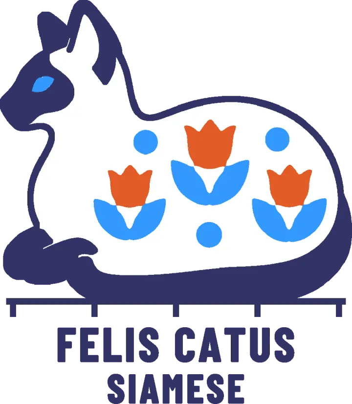 Embroidery artwork: a Siamese cat lying in a loaf in side profile, facing left, with large pointed ears and one blue eye. Its body is white with navy points on the face, ears, paws and tail, and three orange tulips on blue leaves and a few blue dots sit on its back. The cat is outlined in navy and rests on a navy measuring rule over the words FELIS CATUS and SIAMESE.