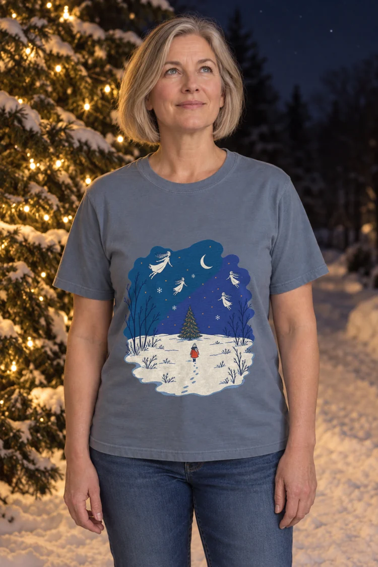 AI-generated image of a fictional model wearing the The Lit Tree Tee in Blue Jean, size M, at 5′5″ tall.
