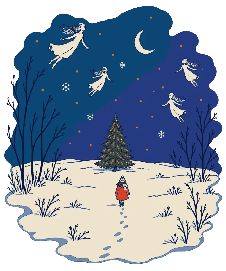 Print artwork: a wide snowy field at night with one small evergreen tree in the middle hung with tiny warm lights, and a small figure in a red coat and white hat walking toward it, leaving footprints behind. Snowflakes fall, a crescent moon is in the deep blue sky, and four pale figures in long gowns float above the field.