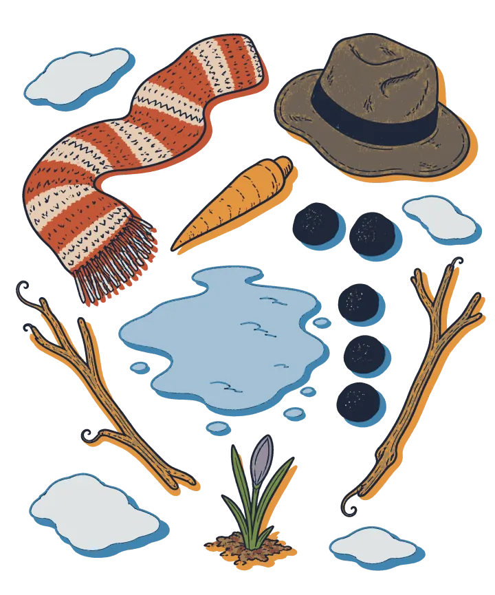 Print artwork: what is left of a snowman after the thaw, laid out around a pale blue puddle: a red and cream striped knitted scarf, a dented brown felt hat, a carrot, two lumps of coal for eyes, three coal buttons in a row and two forked twig arms, with a few last patches of snow. At the bottom, a purple crocus bud is coming up through the dirt.