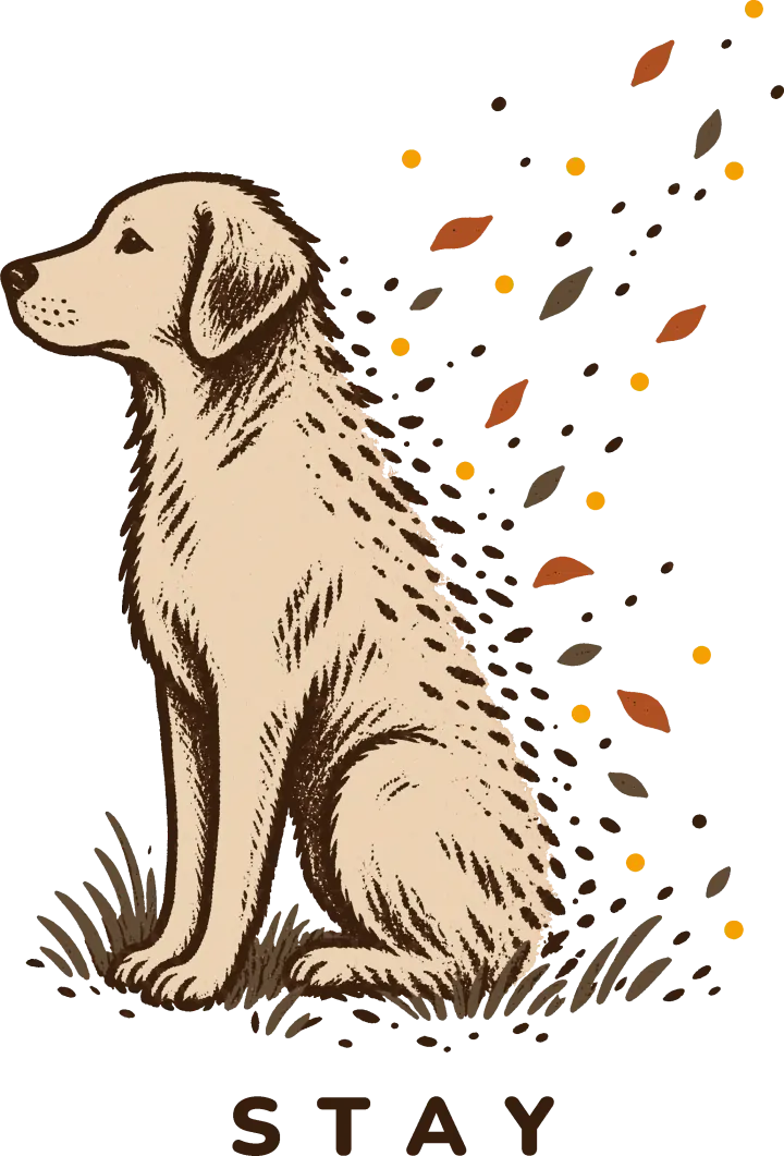 Print artwork: a pale dog sitting in profile on a tuft of grass, facing left, drawn in dark brown line. From the shoulders back its coat loosens into short brown marks that drift up and away with falling leaves in rust and grey and small yellow dots. Below, in spaced rounded brown capitals: STAY.
