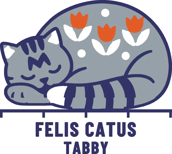 Embroidery artwork: a grey tabby cat curled asleep on its side, eyes closed, head on its paws, with a navy M and stripes on its head and navy bands on the tail that wraps under it to a white tip; three orange tulips on white leaves and three white dots on its back, and a navy outline. It rests on a navy measuring rule over the words FELIS CATUS and TABBY.