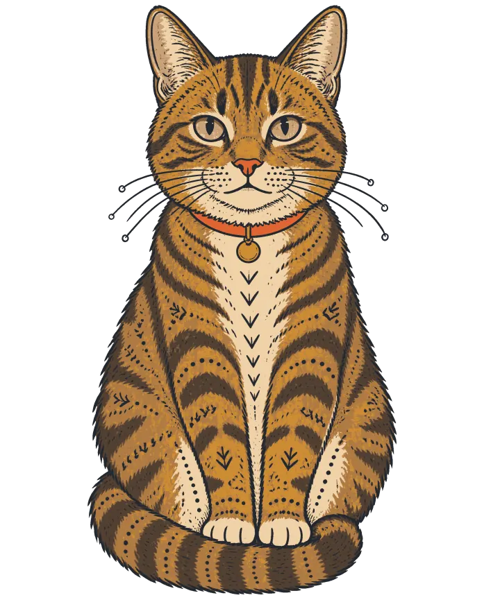Print artwork: a brown tabby cat sitting square to the viewer with its tail curled around its front paws, striped in dark brown with small folk marks on its chest and legs, wearing a collar with a round gold tag.
