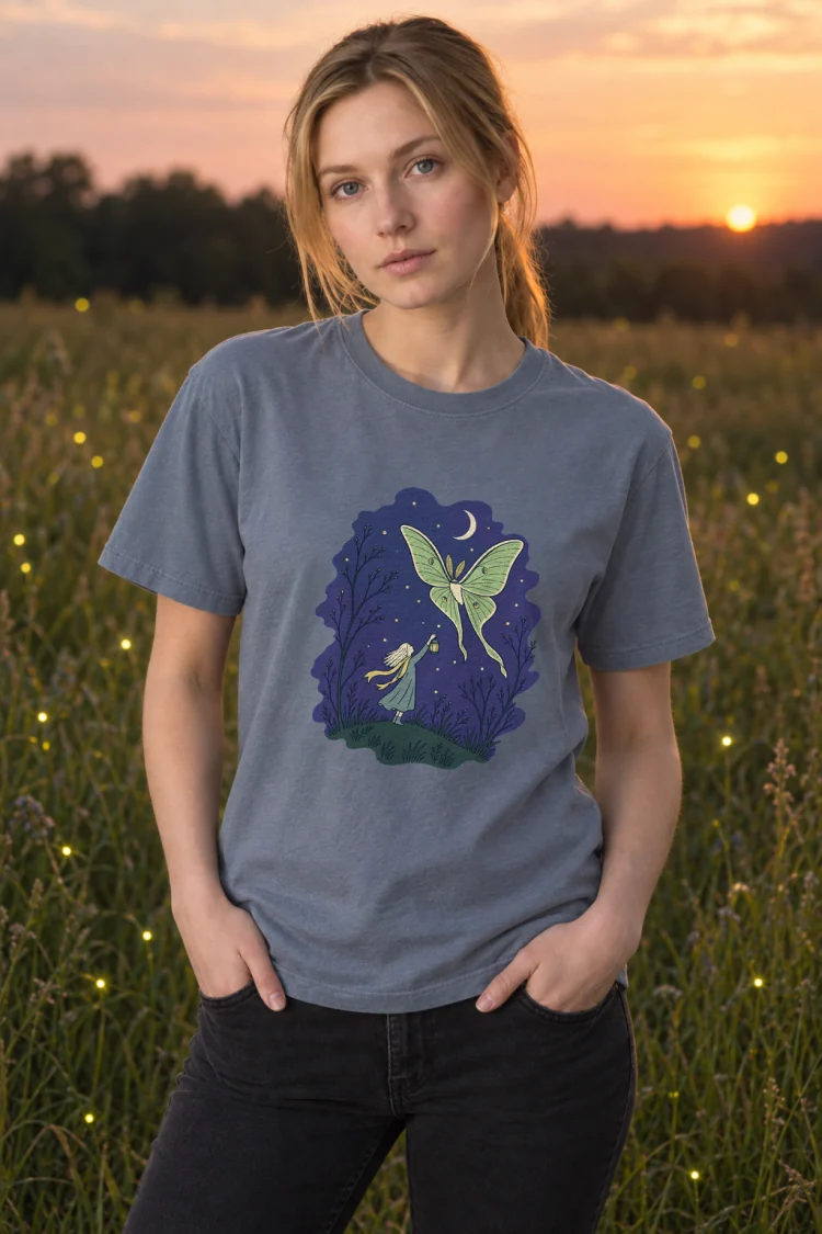 AI-generated image of a fictional model wearing the The Moth Keeper Tee in Blue Jean, size S, at 5′7″ tall.