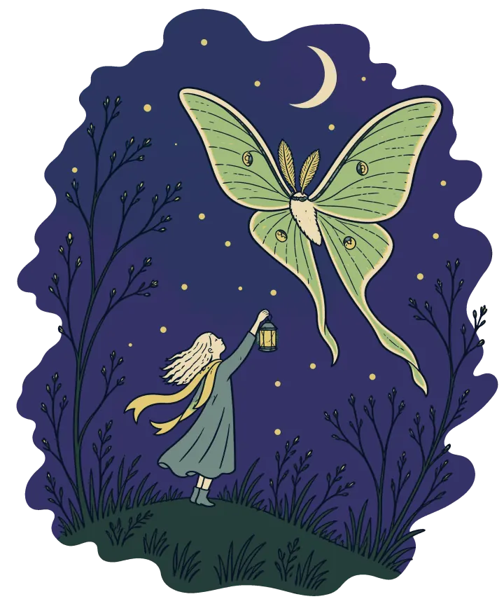 Print artwork: a small figure with long pale hair and a scarf stands on a dark grassy hill at night, holding up a small lantern, while a pale green luna moth almost as big as they are flies down toward the light. A thin crescent moon and stars are in the purple sky.