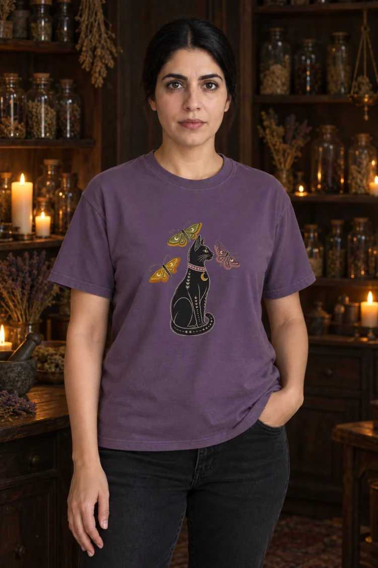 AI-generated image of a fictional model wearing the The Familiar Tee in Grape, size M, at 5′7″ tall.