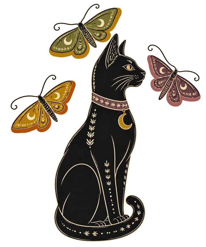 Print artwork: a black cat sitting tall in profile like an old statue, drawn in a thin cream outline with small leaf and dot patterns down its chest and tail. It wears a pink patterned collar with a gold crescent moon tag, and three moths in sage, gold and dusty pink circle its head.