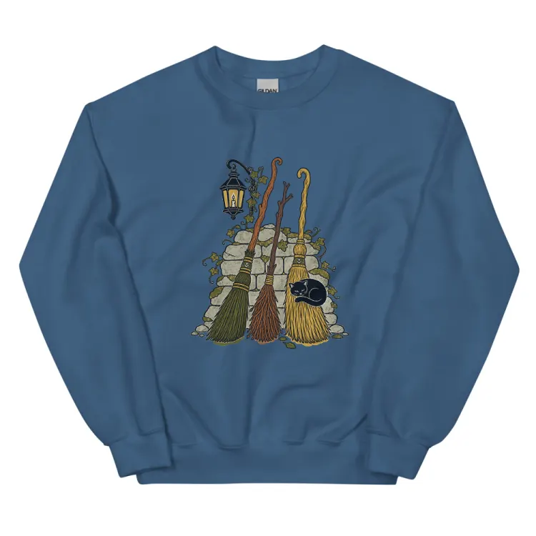The Broom Parking Crewneck in Indigo Blue.