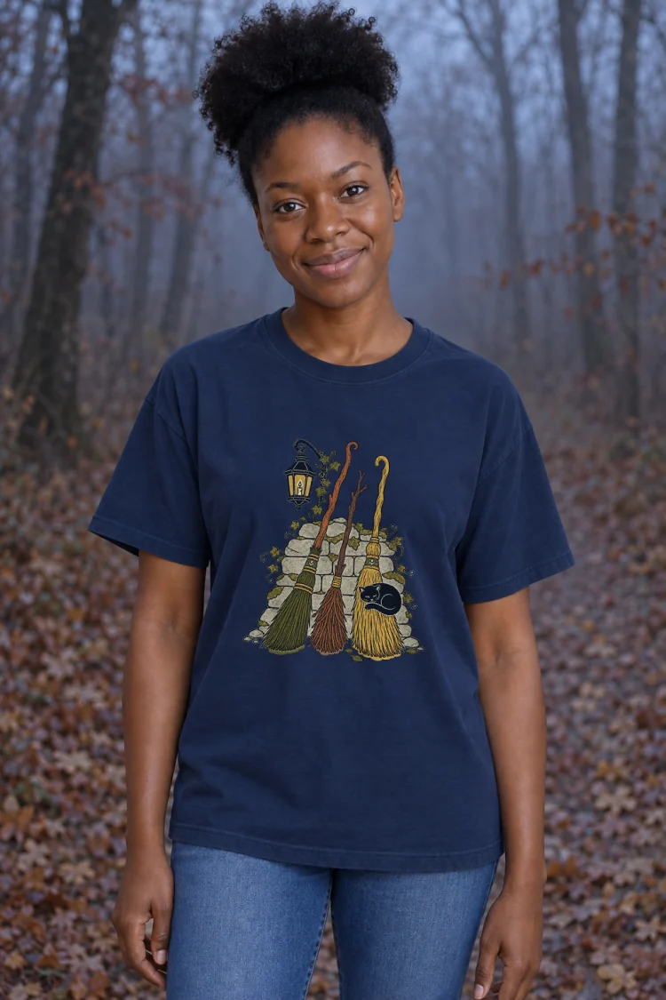 AI-generated image of a fictional model wearing the Broom Parking Tee in True Navy, size S, at 5′3″ tall.