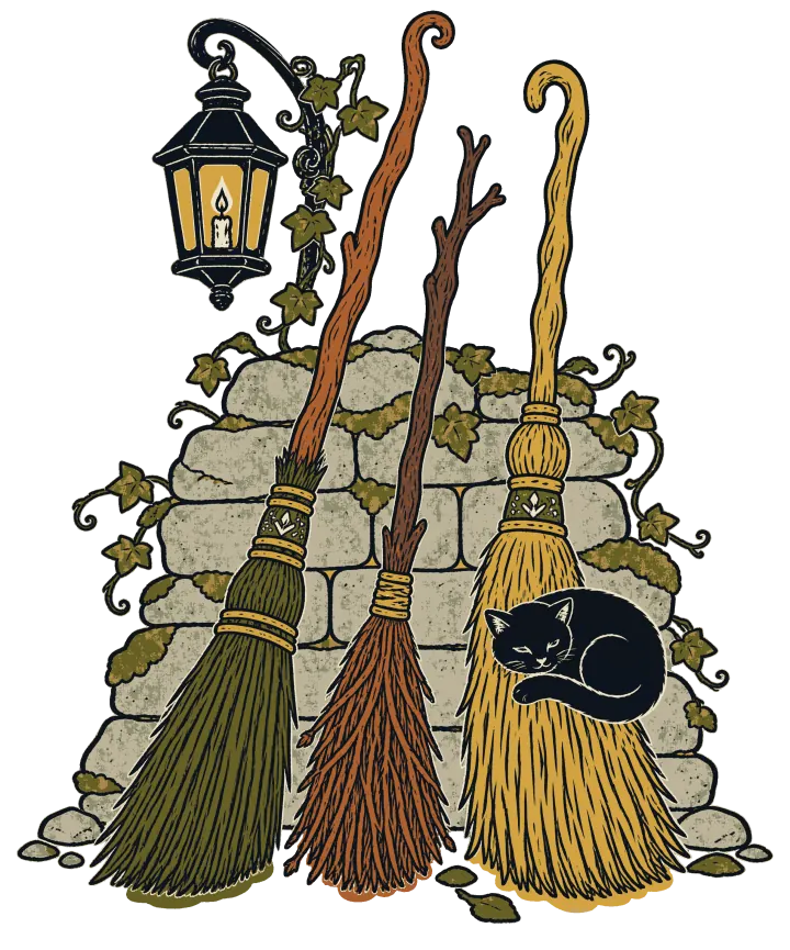 Print artwork: three witches' brooms of different shapes leaning against a mossy grey stone wall with ivy growing over it. An iron lantern with a lit candle hangs above them, and a black cat is curled up asleep on the bristles of the yellow broom on the right.