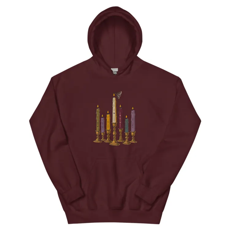 The Seven Candles Hoodie in Maroon.