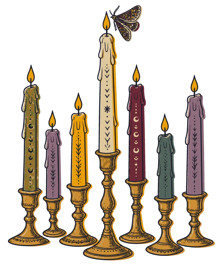 Print artwork: seven tall dripping taper candles in sage, lavender, gold, cream, wine red, teal and violet, standing in gold candlesticks of different heights. Each candle has a small folk pattern down its side, and a speckled moth flies at the flame of the tallest cream one.