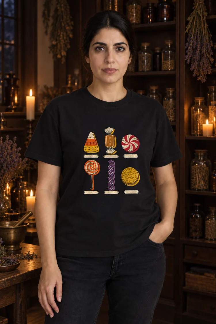 AI-generated image of a fictional model wearing the Specimens of Candy Tee in Black, size M, at 5′7″ tall.
