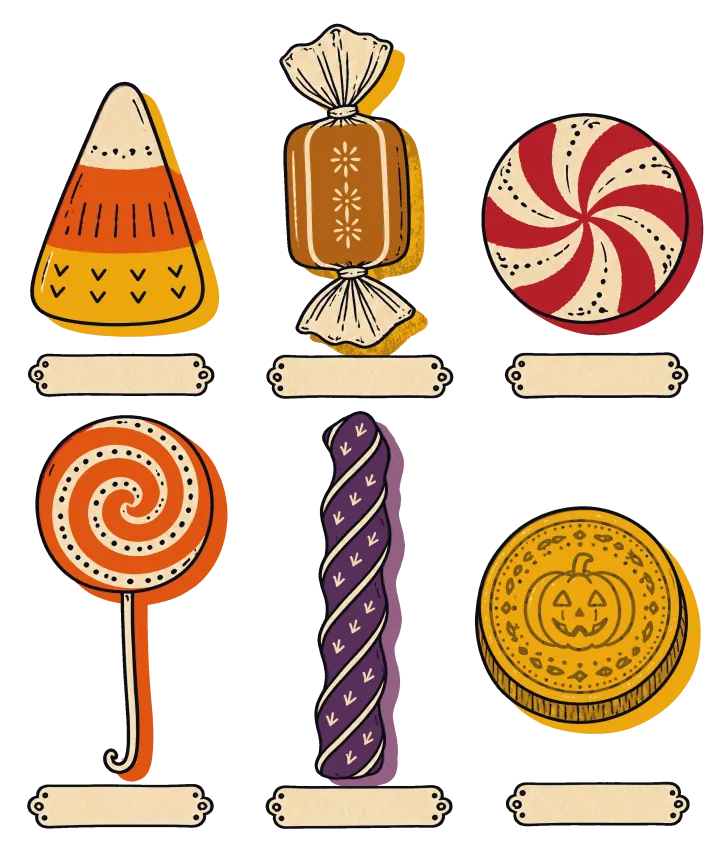 Print artwork: six pieces of Halloween candy laid out in two rows like pinned specimens, each above a blank cream label: a candy corn, a wrapped caramel, a red and white peppermint, an orange swirl lollipop, a purple twisted licorice stick and a gold chocolate coin stamped with a jack-o- lantern.