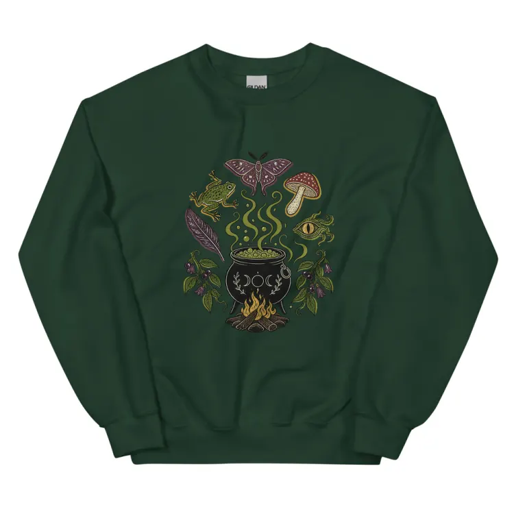 The Cauldron Recipe Crewneck in Forest Green.