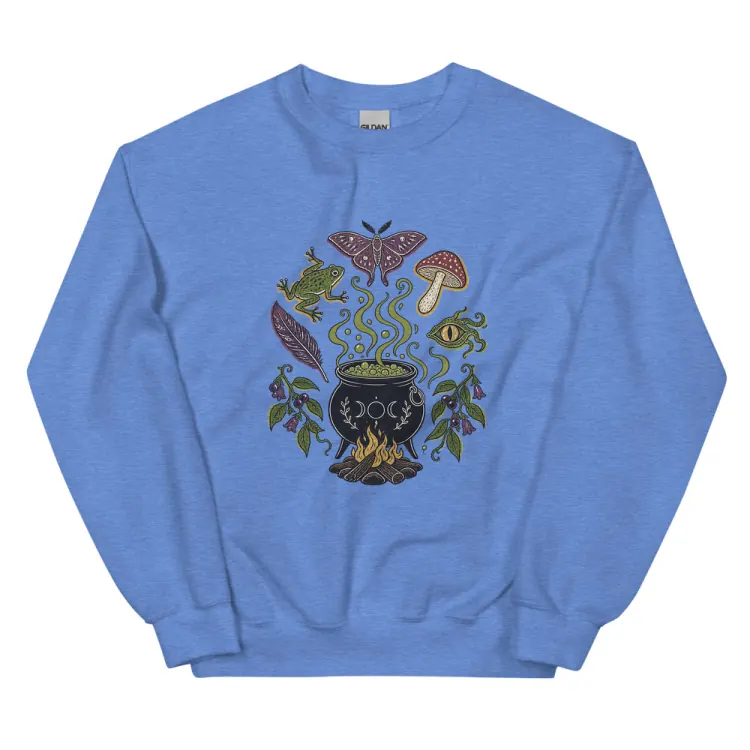 The Cauldron Recipe Crewneck in Heather Deep Royal.