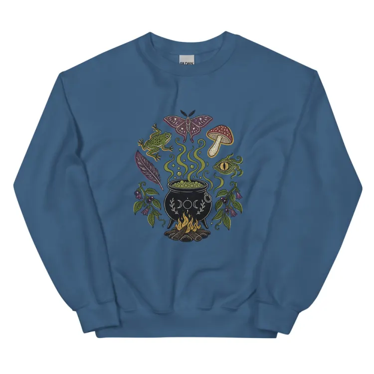 The Cauldron Recipe Crewneck in Indigo Blue.