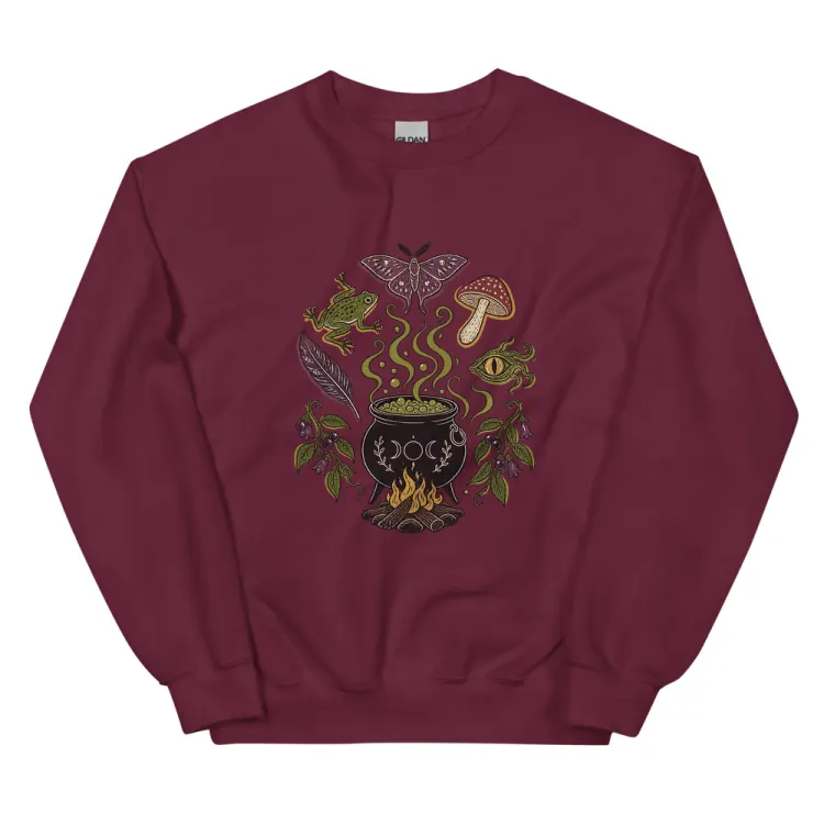 The Cauldron Recipe Crewneck in Maroon.