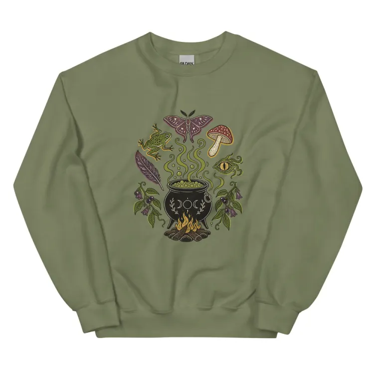 The Cauldron Recipe Crewneck in Military Green.