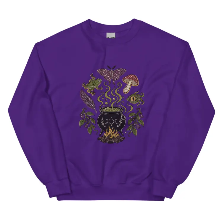 The Cauldron Recipe Crewneck in Purple.