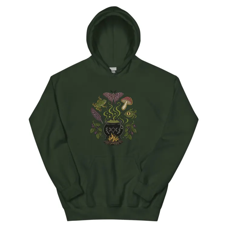 The Cauldron Recipe Hoodie in Forest Green.