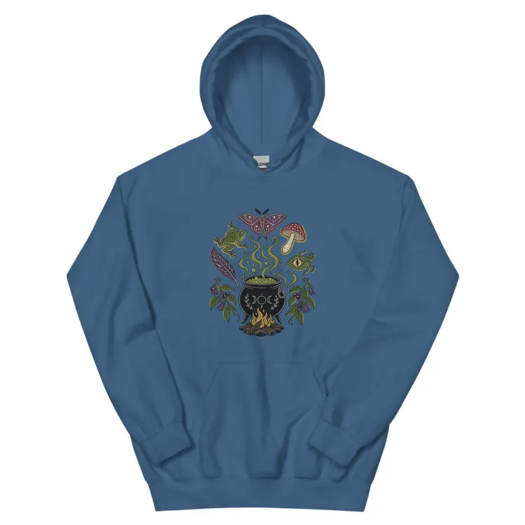 The Cauldron Recipe Hoodie in Indigo Blue.