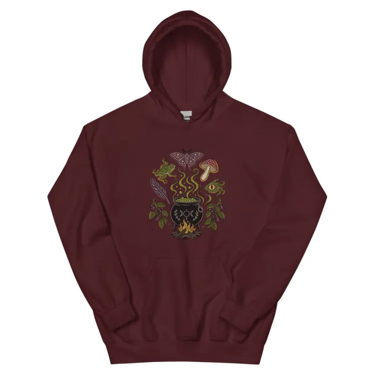 The Cauldron Recipe Hoodie in Maroon.