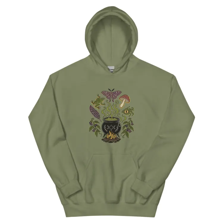The Cauldron Recipe Hoodie in Military Green.
