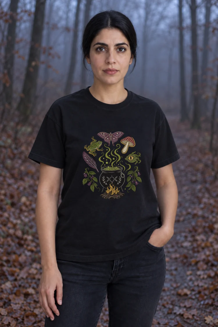 AI-generated image of a fictional model wearing the Cauldron Recipe Tee in Black, size M, at 5′7″ tall.