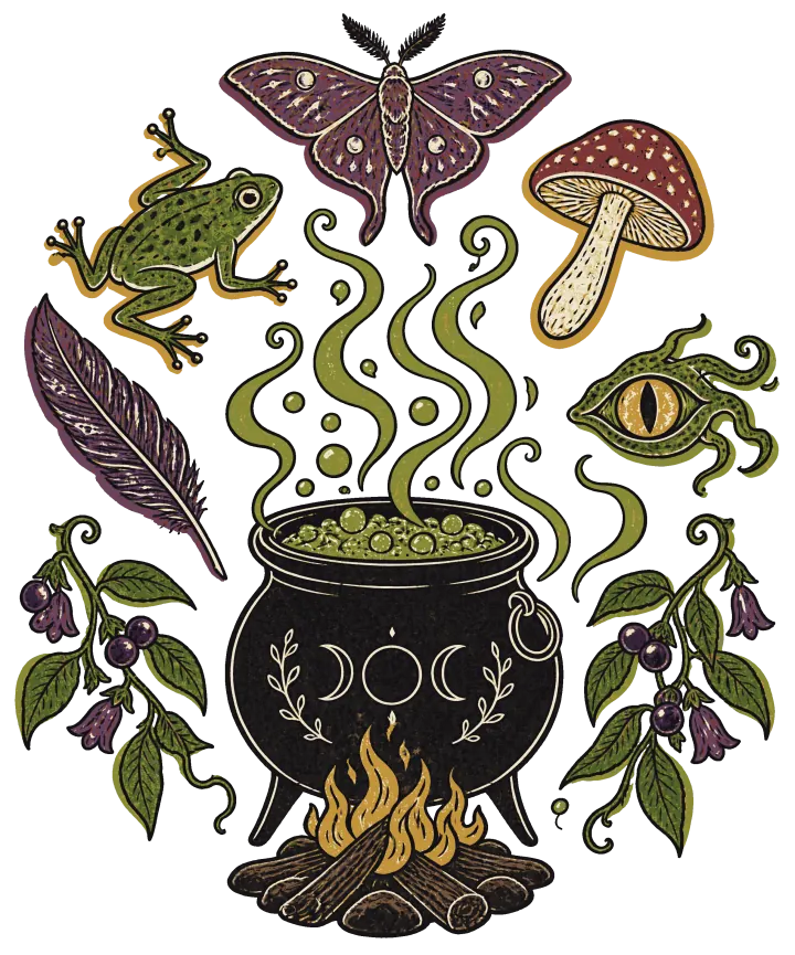 Print artwork: a black iron cauldron marked with moon phases, bubbling green over a small fire, with green steam curling up. Around it in a ring float the ingredients: a moth, a red-capped mushroom, a gold eye, sprigs of nightshade with purple berries, a purple feather and a green frog.