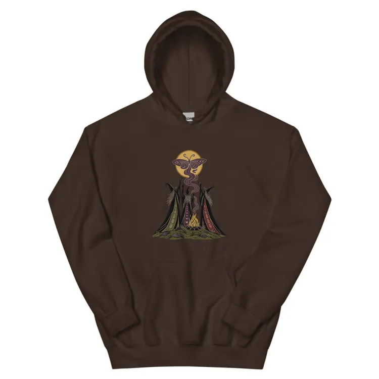 The Three Crones Hoodie in Dark Chocolate.