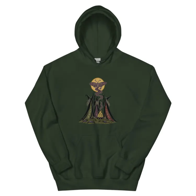 The Three Crones Hoodie in Forest Green.