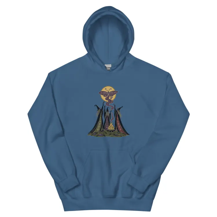 The Three Crones Hoodie in Indigo Blue.