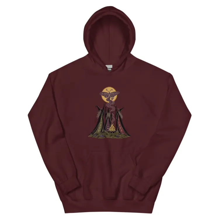 The Three Crones Hoodie in Maroon.