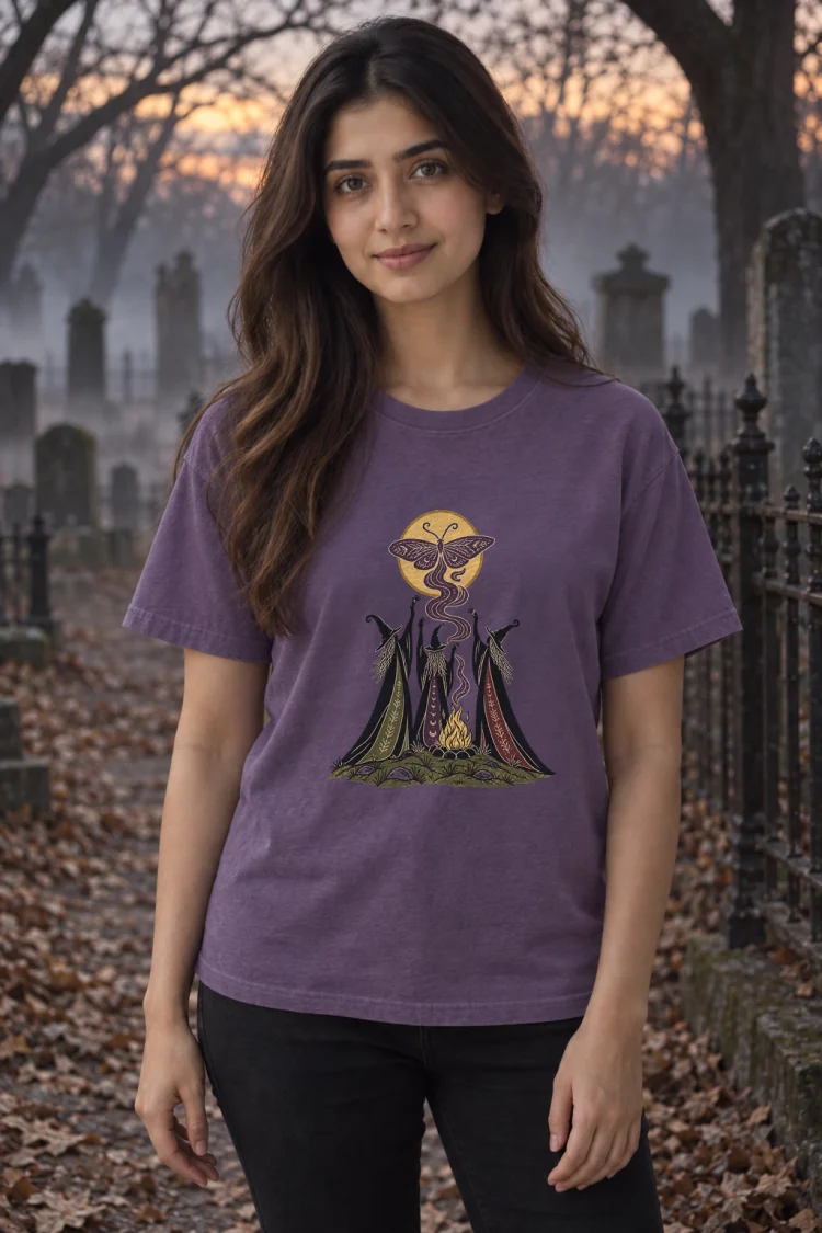 AI-generated image of a fictional model wearing the Three Crones Tee in Grape, size S, at 5′3″ tall.