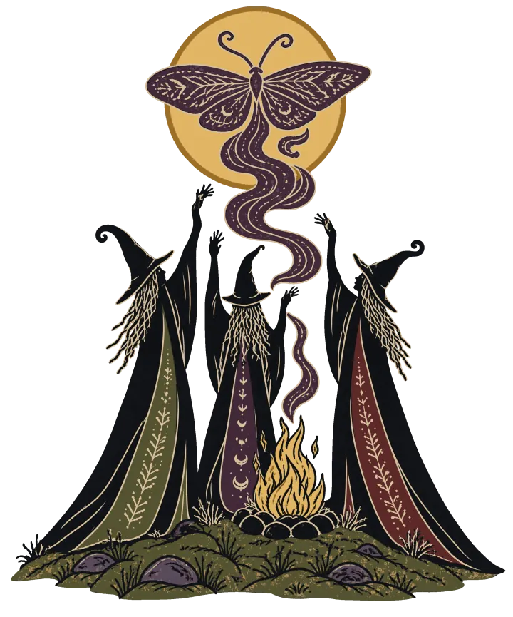 Print artwork: three tall witches in long patterned cloaks and pointed hats stand around a small fire on a hill at night, hands raised. The smoke from the fire curls up into the shape of a moth in front of a big yellow full moon.