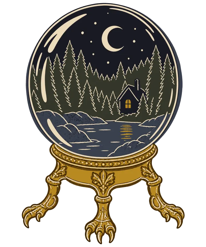 Print artwork: a crystal ball on an ornate gold stand with four clawed feet. Inside the glass is a small night scene: a crescent moon and stars over a pine forest, a cabin with one lit window and a lake reflecting the light.