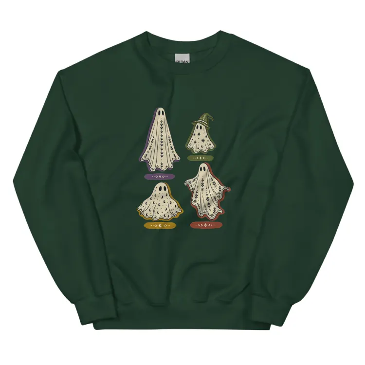 The A Field Guide to Common Ghosts Crewneck in Forest Green.