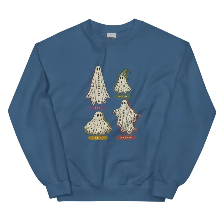 The A Field Guide to Common Ghosts Crewneck in Indigo Blue.