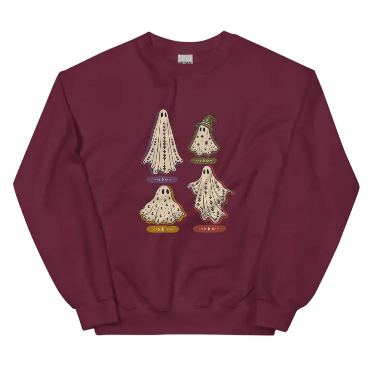 The A Field Guide to Common Ghosts Crewneck in Maroon.