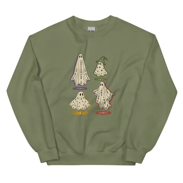 The A Field Guide to Common Ghosts Crewneck in Military Green.