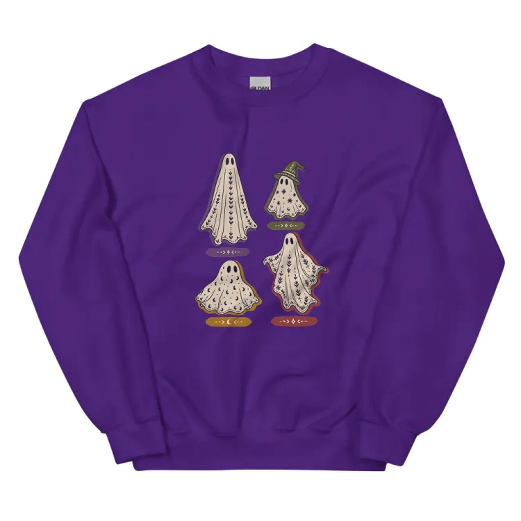 The A Field Guide to Common Ghosts Crewneck in Purple.