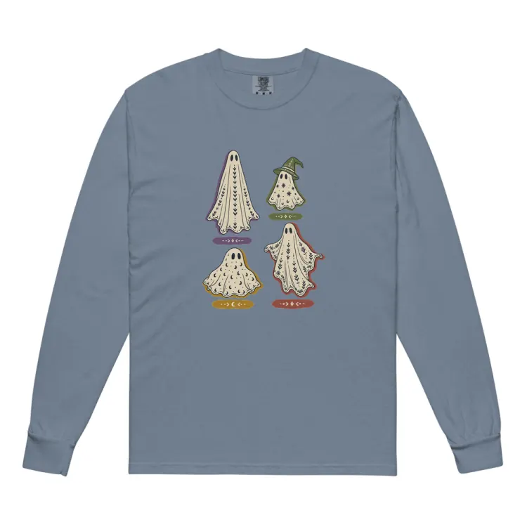The A Field Guide to Common Ghosts Long Sleeve in Blue Jean.