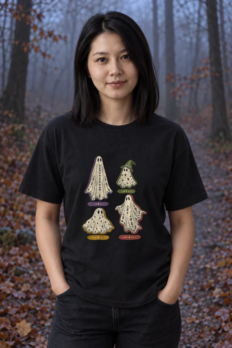 AI-generated image of a fictional model wearing the A Field Guide to Common Ghosts Tee in Black, size M, at 5′3″ tall.